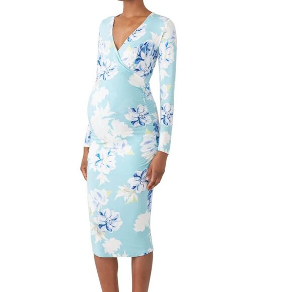 Yumi Kim Dresses & Skirts - Yumi Kim Floral Maternity 5th Ave Dress L Wanderlust Jade Sky Blue Ruched Midi